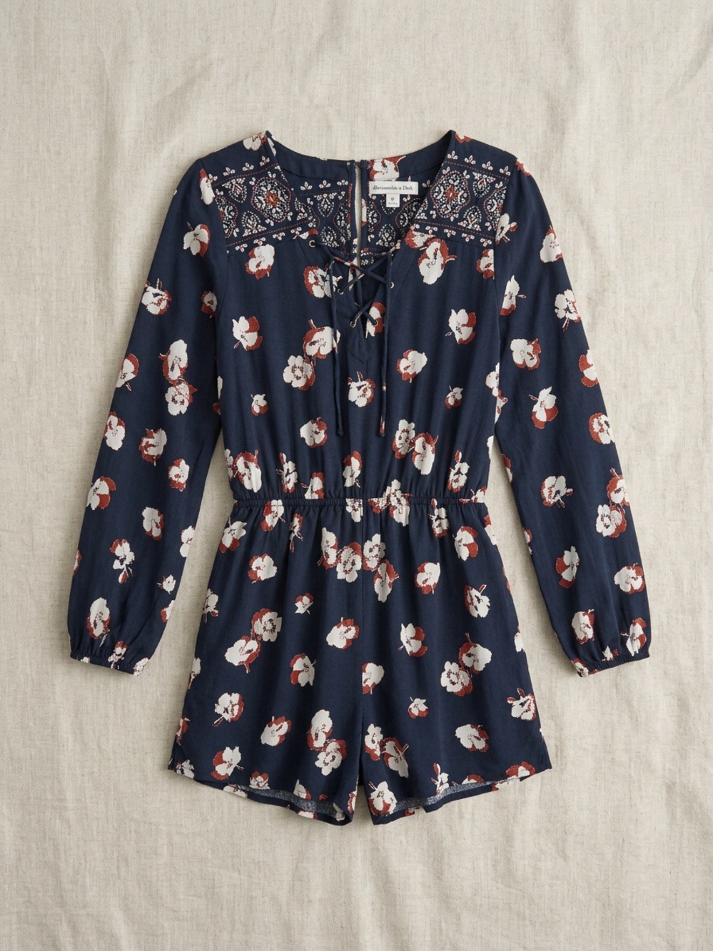 Abercrombie & Fitch Navy Floral Lace Up Long Sleeve Romper Size Medium
